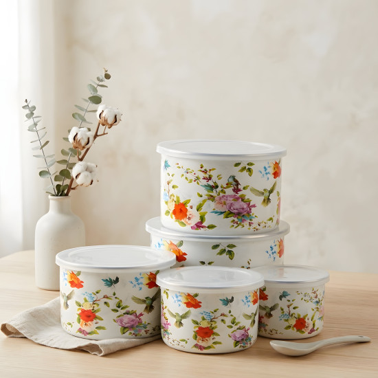Floral Pattern Metal Tupperware Set - 5 Pcs